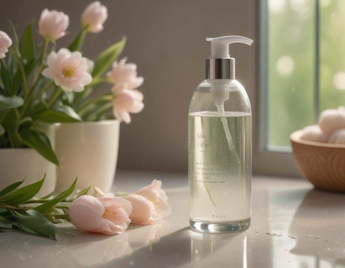 Gentle cleanser bottle surrounded by fresh spring flowers
