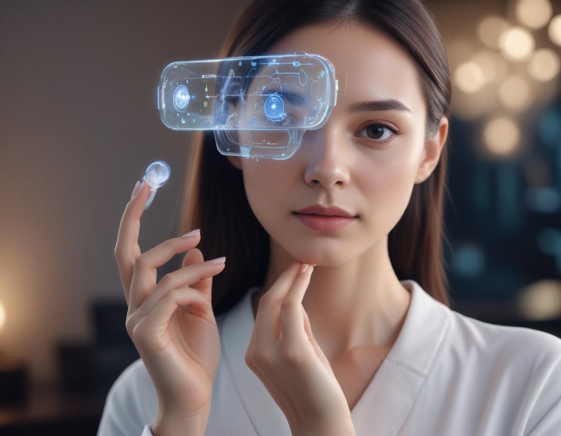 A woman using AI-skincare device with AR graphics overlaying her skin, showcasing health data.