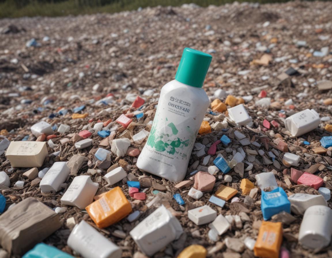 A landfill with traditional plastic cosmetic packaging next to a small eco-friendly product